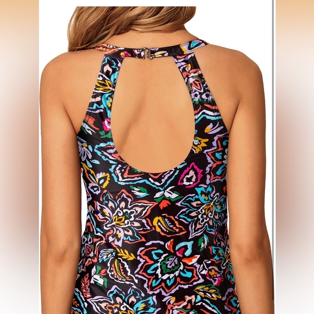 Tempt Me Colorful Paisley High Neck Tankini Top Backless  Key Hole Top Only L - Picture 7 of 9
